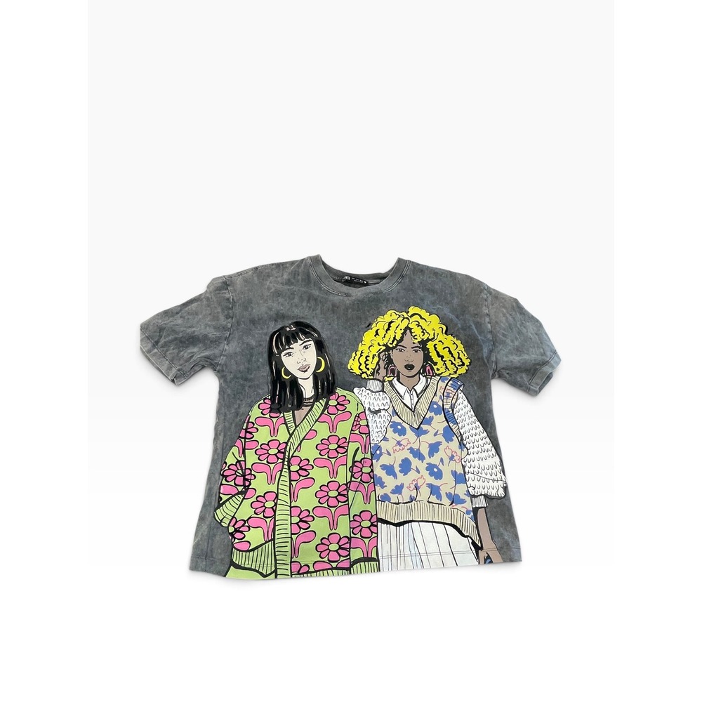 Zara T-Shirt Womens Small Grey Mineral Wash Graphic Art Portrait Relaxed Fit